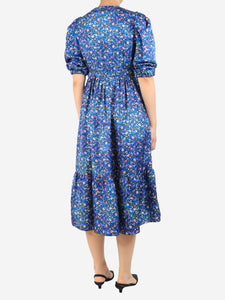Sandro Blue floral printed midi silk dress - size UK 8
