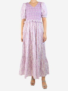 By Iris Purple shirred midi V-neck dress - size S