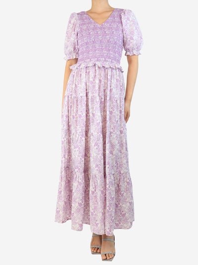 Purple shirred midi V-neck dress - size S Dresses By Iris 