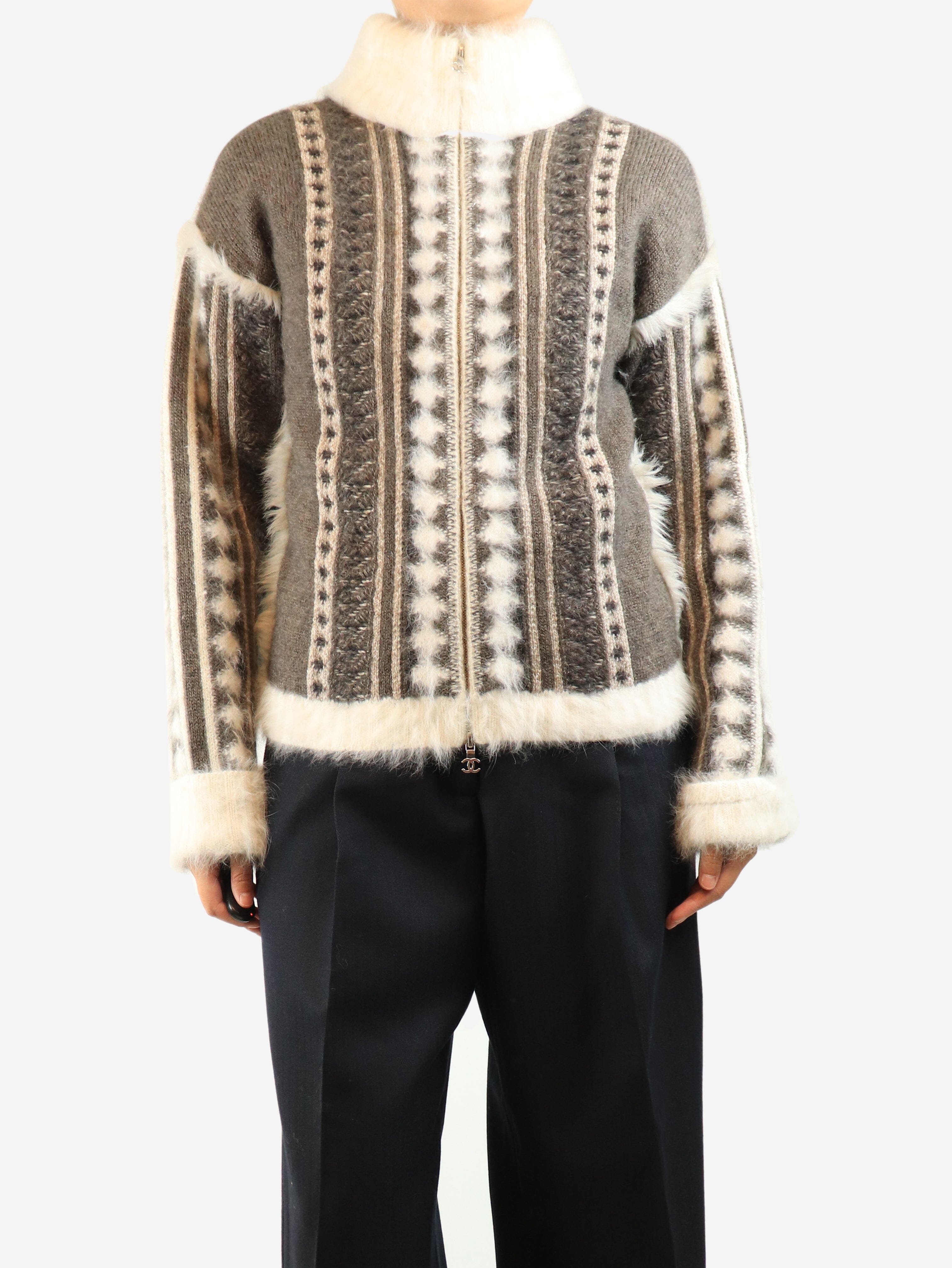 Grey zip-up angora and mohair-blend cardigan - size UK 14