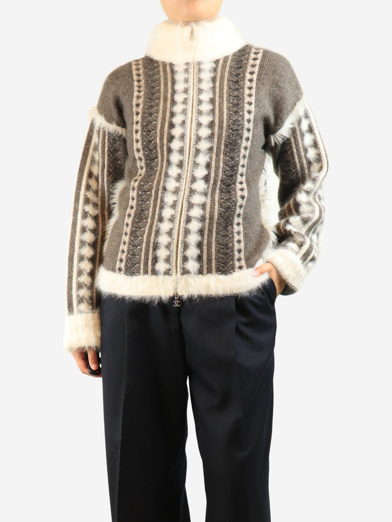Grey zip-up angora and mohair-blend cardigan - size UK 14