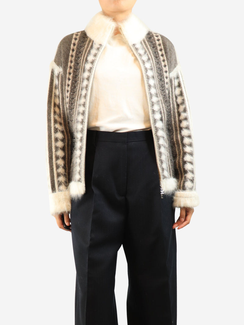 Grey zip-up angora and mohair-blend cardigan - size UK 14