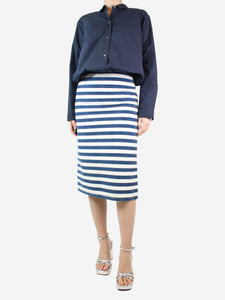 Prada Blue and cream striped denim midi skirt - size UK 8