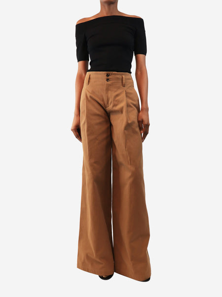Brown cotton pleated wide-leg trousers - size UK 6 alternate image