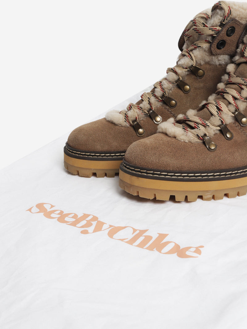 Brown Eilieen shearling-lined suede and leather ankle boots - size EU 39 (UK 6) Boots See By Chloe 