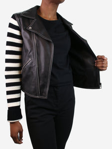 Loewe Black leather biker jacket with striped sleeves - size FR 34