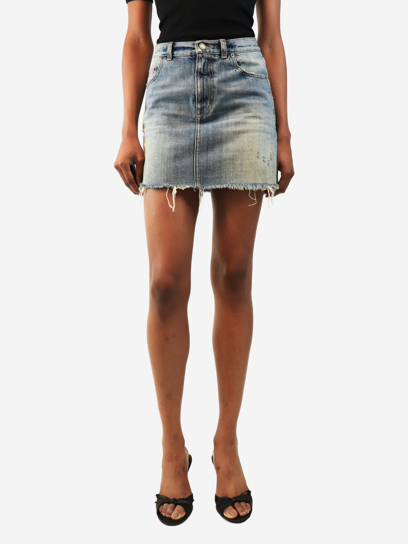 Blue raw-hem denim mini skirt - size UK 6