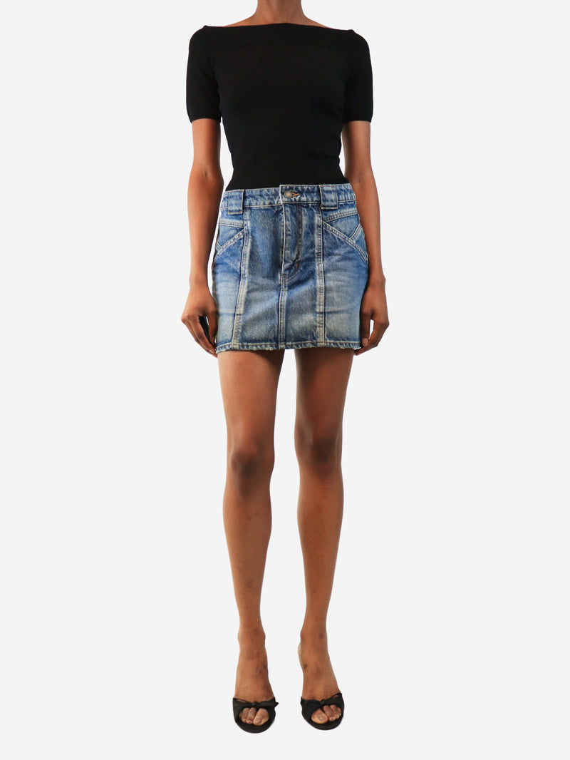 Blue multi-seam denim mini skirt - size UK 8