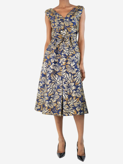 Navy blue and gold floral jacquard bow-front midi dress - size UK 6 Dresses Prada 