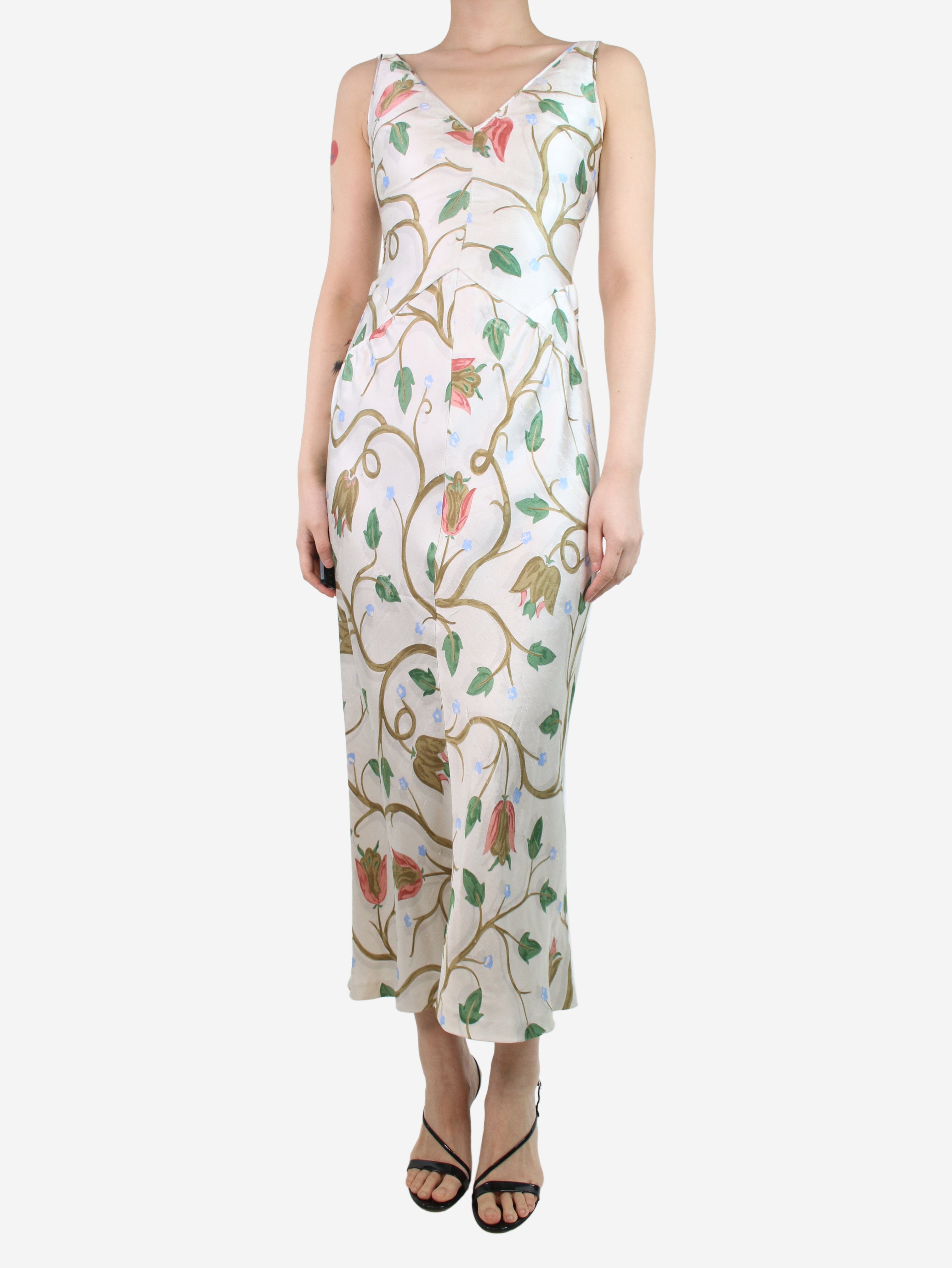 Cream floral-printed silk maxi dress - size UK 8