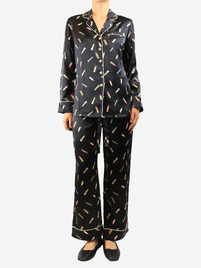 Black lipstick printed silk pajames - size S Sets Olivia Von Halle 