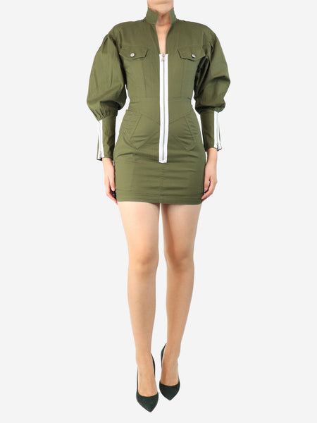 Olive green zip-front cotton mini dress - size S product image
