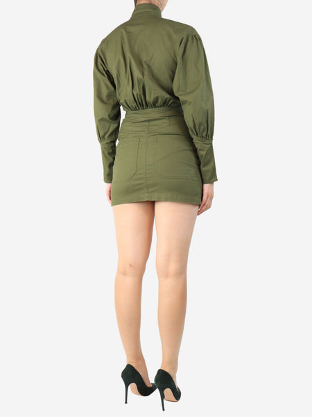 Olive green zip-front cotton mini dress - size S alternate image
