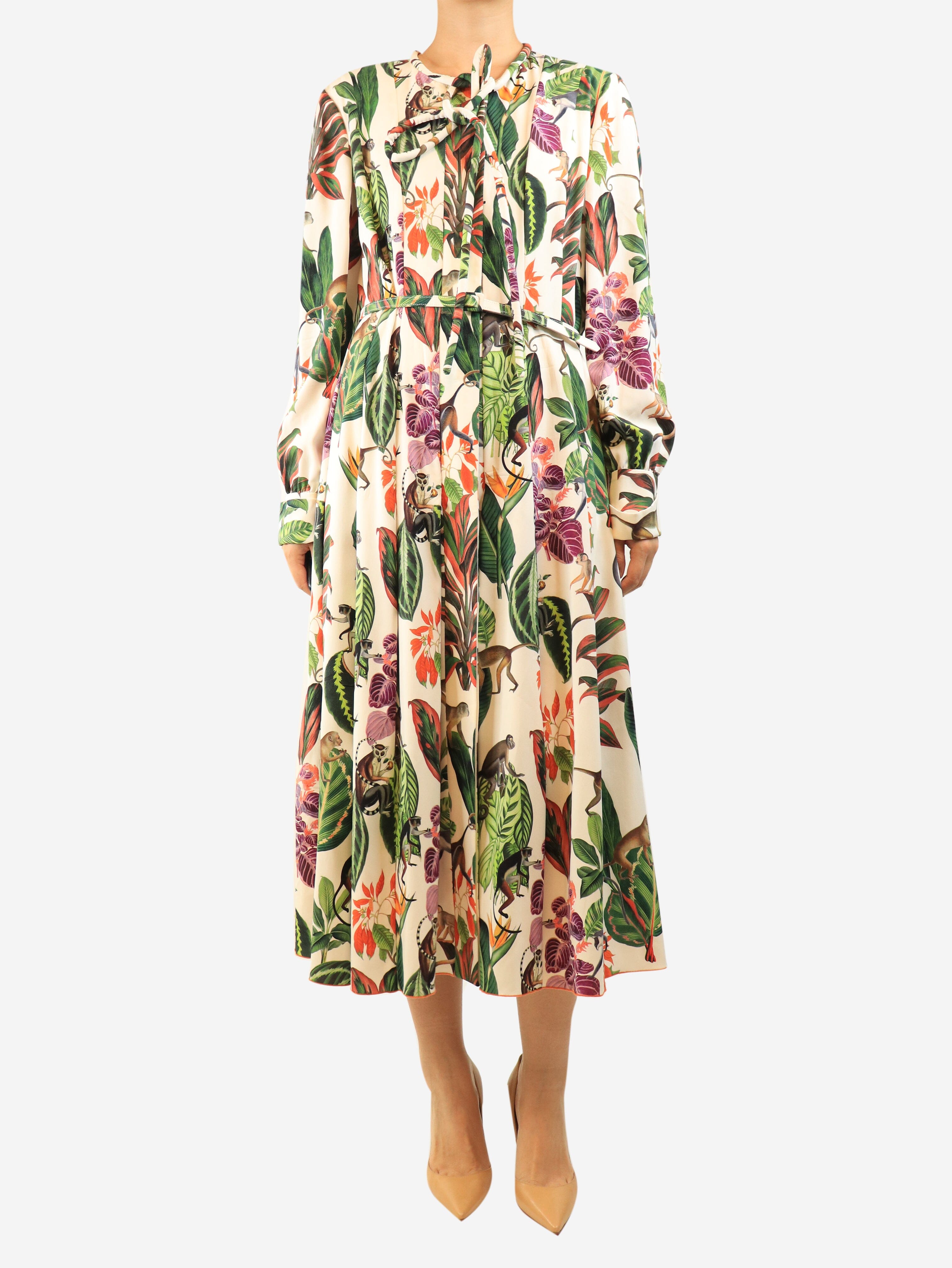 Multicolour belted floral printed midi dress - size UK 16 Dresses Oscar De La Renta 