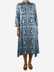 Le Sirenuse Blue printed shirt midi dress - size UK 10