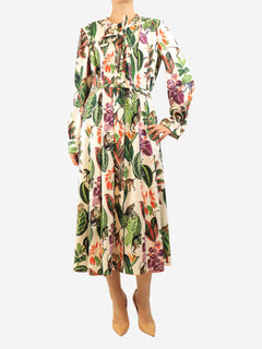 Multicolour belted floral printed midi dress - size UK 16 Dresses Oscar De La Renta 
