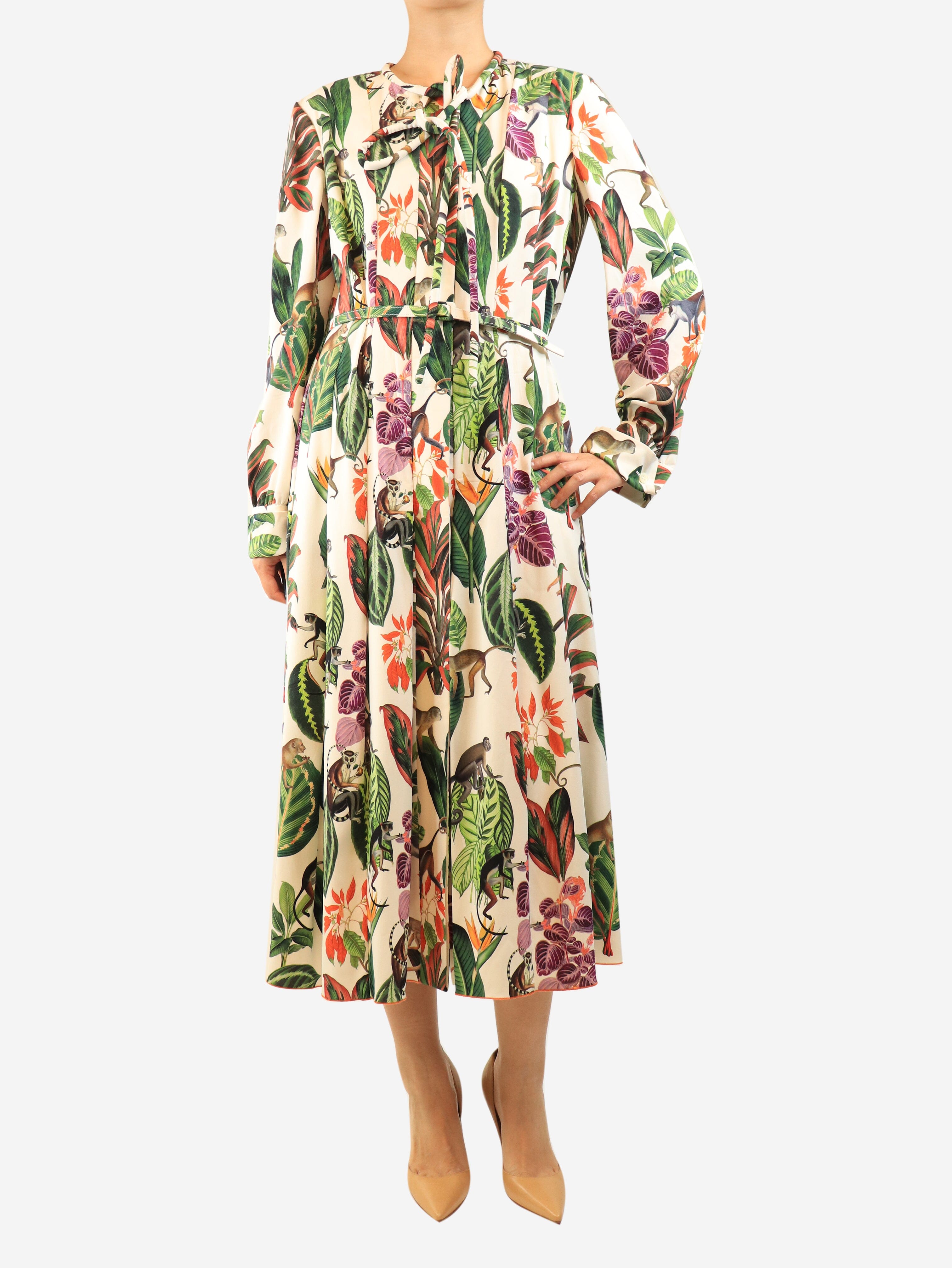 Multicolour belted floral printed midi dress - size UK 16 Dresses Oscar De La Renta 
