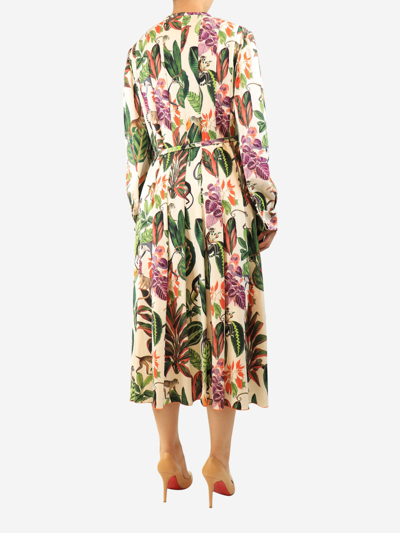 Multicolour belted floral printed midi dress - size UK 16 Dresses Oscar De La Renta 