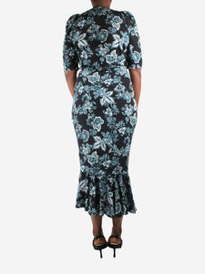 Veronica Beard Black ruched floral maxi dress - size UK 16