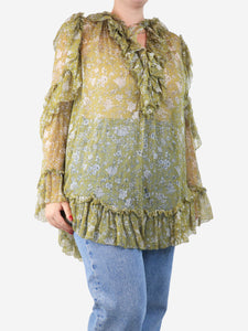 Zimmermann Green sheer floral ruffled blouse - size UK 12
