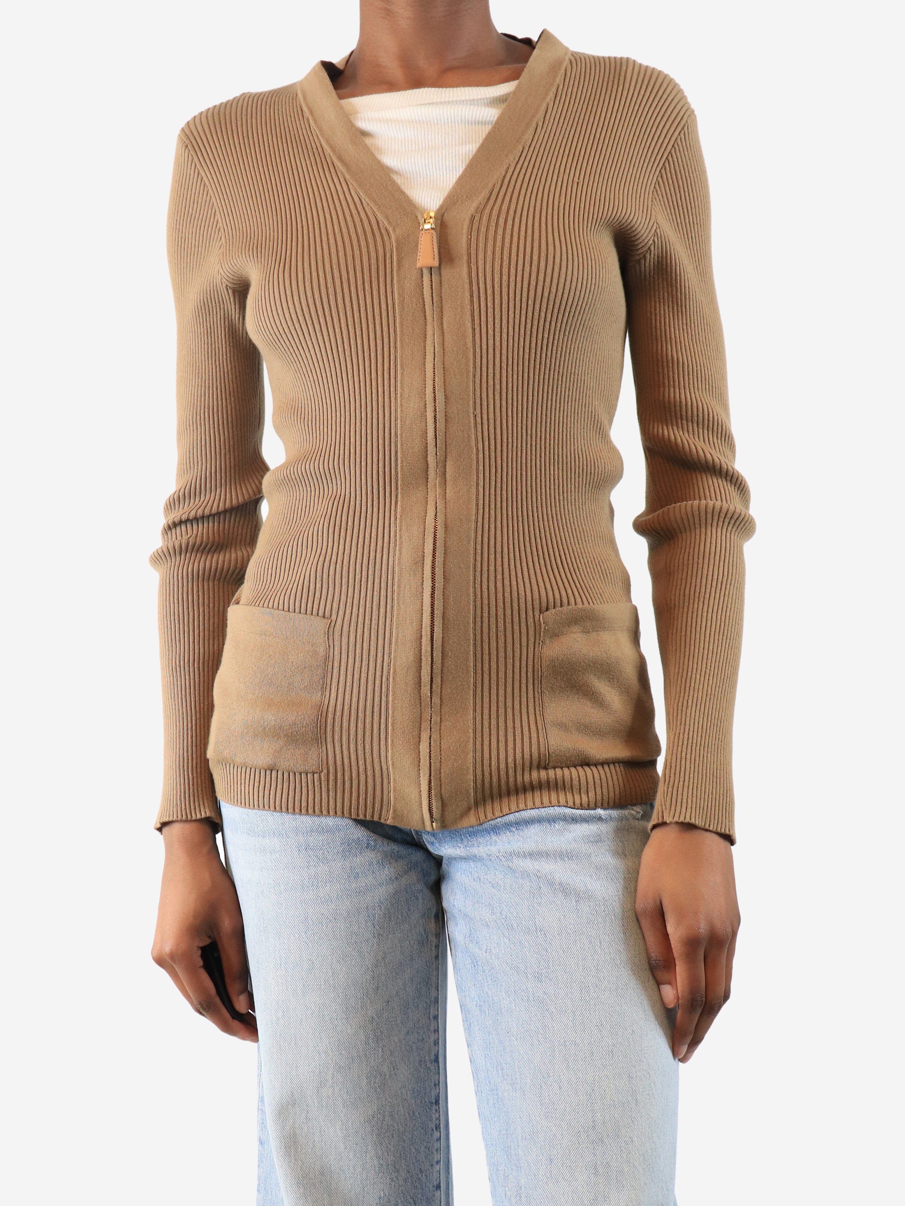 Prada pre-owned caramel ribbed zip cardigan - size UK 6 | Sign of