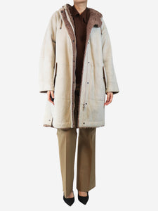 Brunello Cucinelli Chalk hooded sheepskin coat - size UK 12