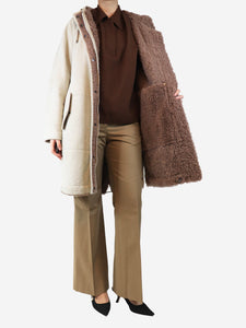 Brunello Cucinelli Chalk hooded sheepskin coat - size UK 12