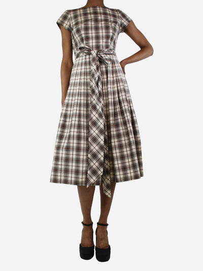 Cream checkered pleated dress - size UK 6