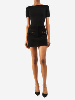 Black suede studded mini skirt - size UK 6