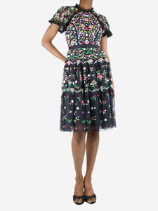 Needle & Thread Black floral embroidered midi dress - size UK 6