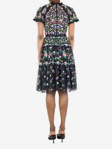 Needle & Thread Black floral embroidered midi dress - size UK 6