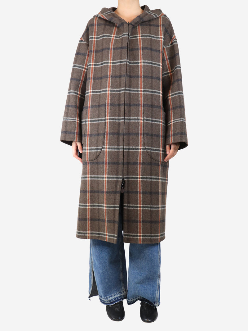 Brown check hooded coat - size L Coats & Jackets Bamford 