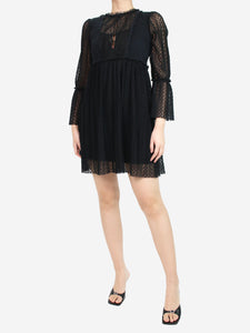 Maje Black sheer sleeve mini dress with lace detail - size UK 8