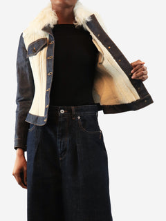 Cream and navy shearling denim coat - size UK 10