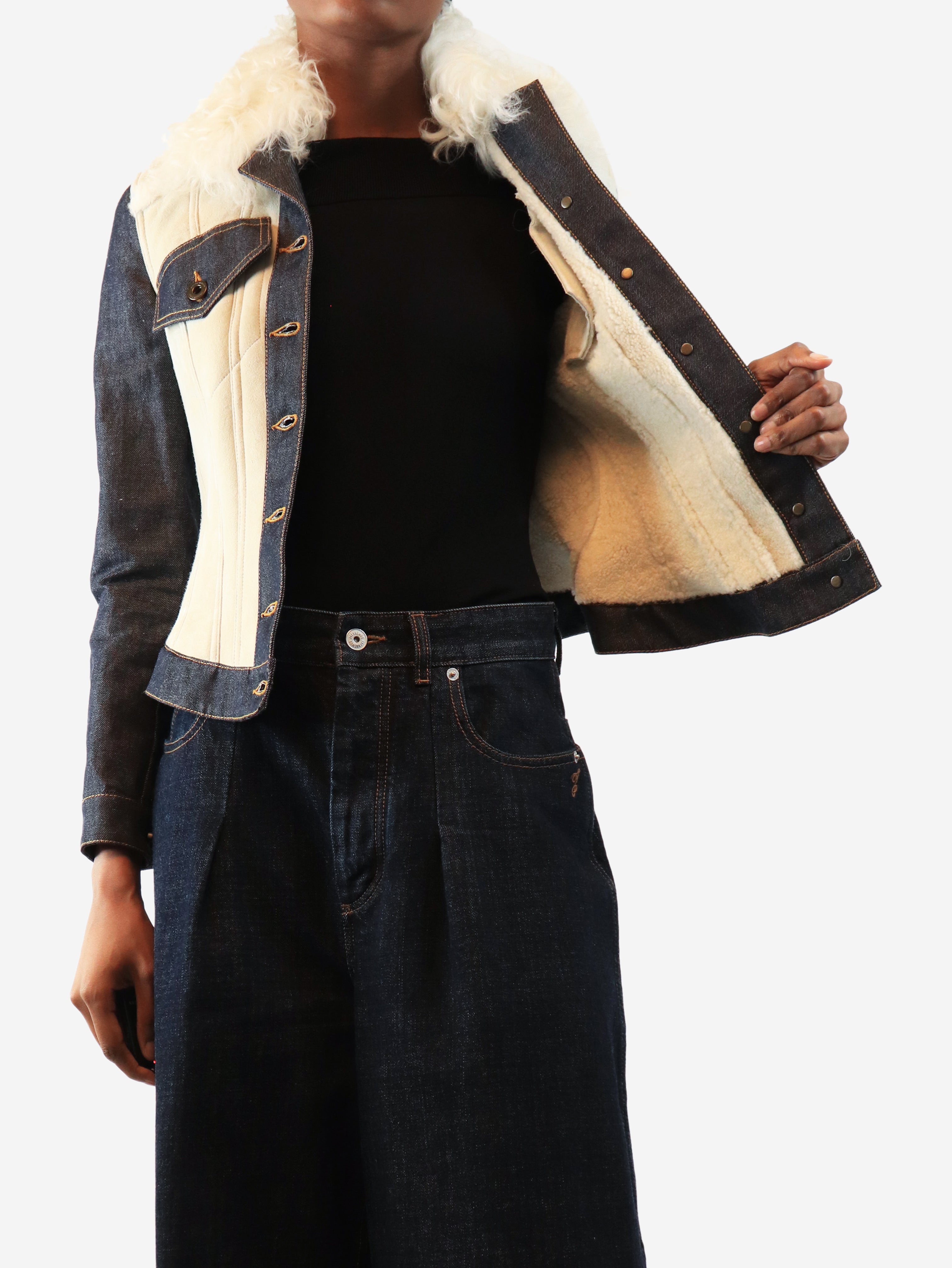 Cream and navy shearling denim coat - size UK 10