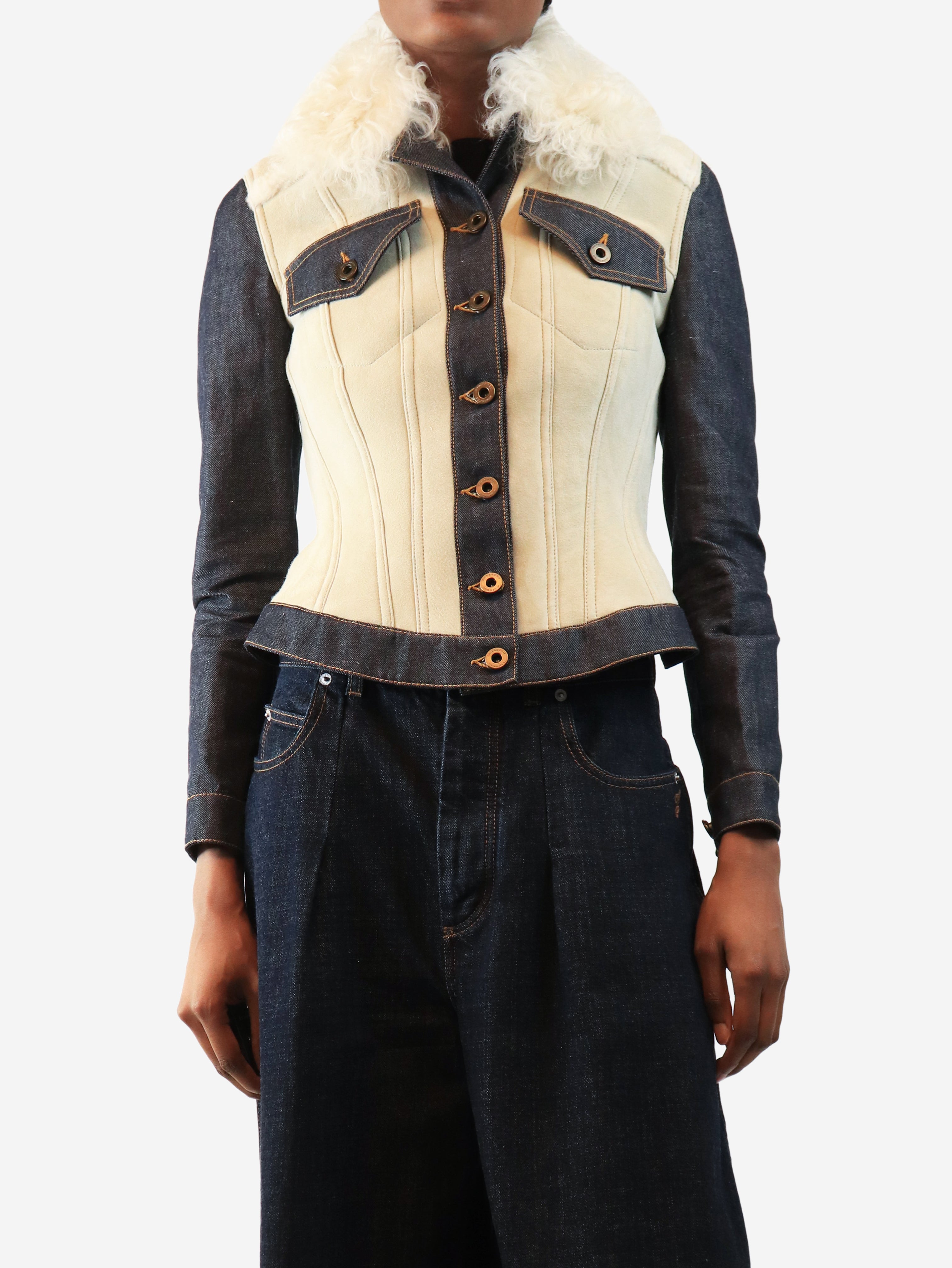 Cream and navy shearling denim coat - size UK 10