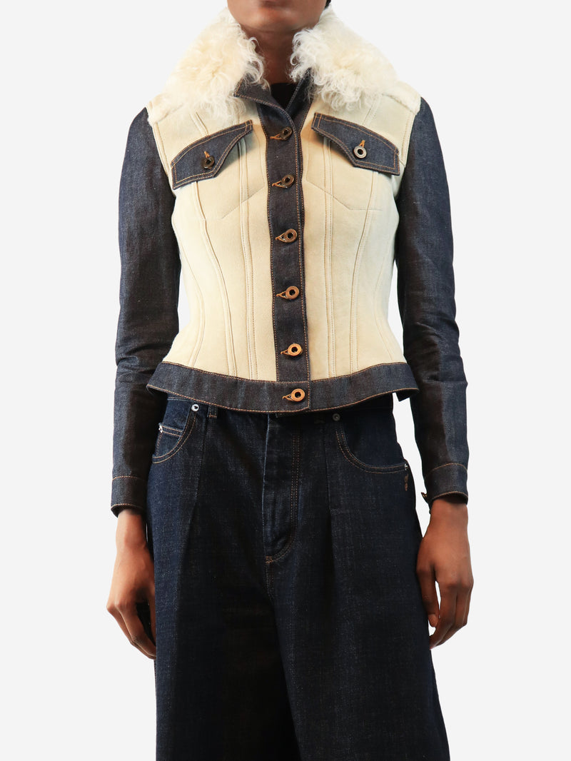 Cream and navy shearling denim coat - size UK 10