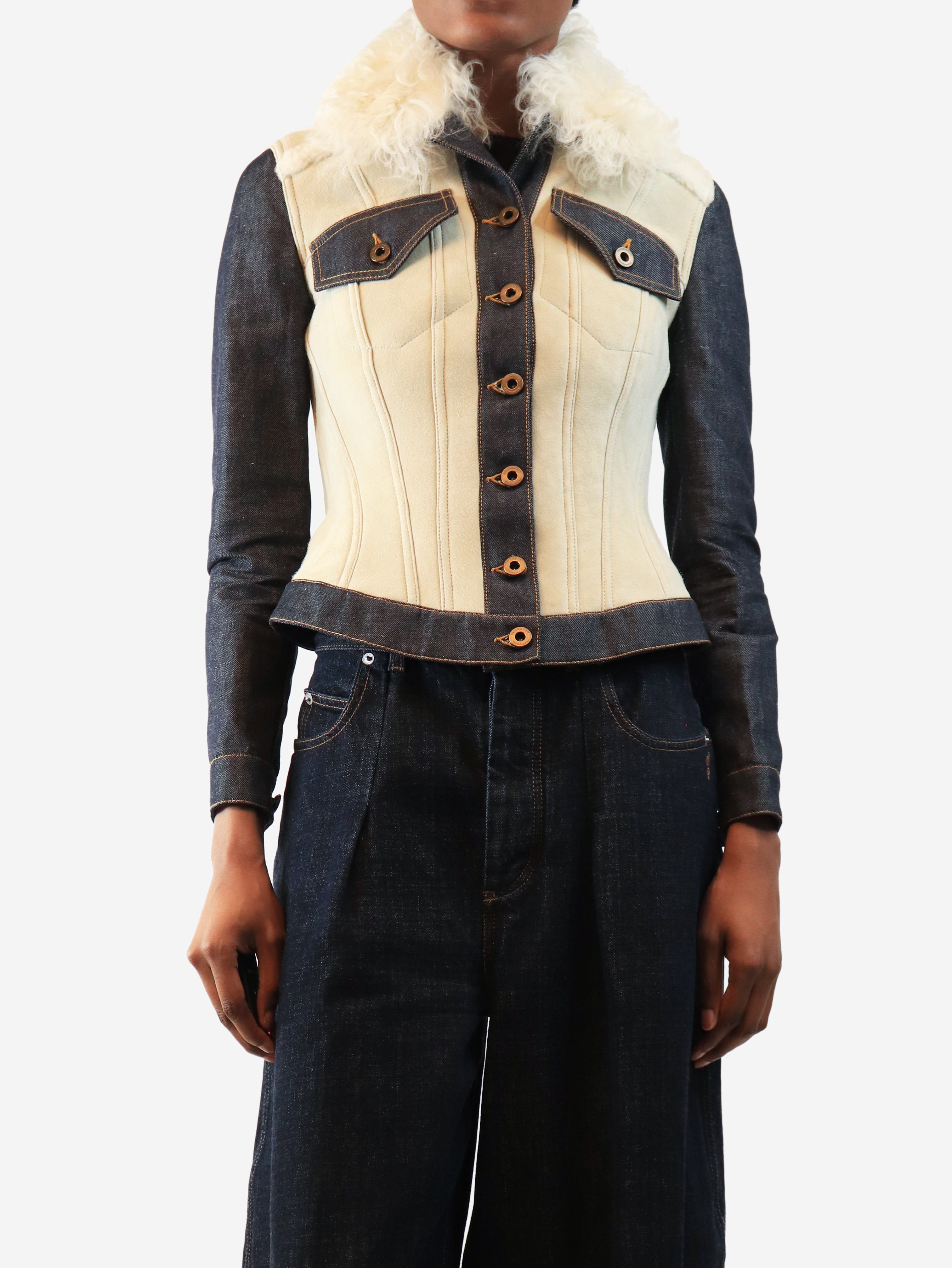Cream and navy shearling denim coat - size UK 10