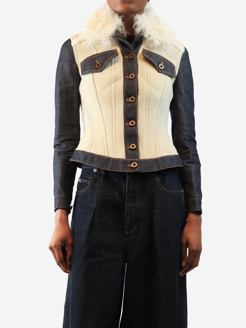 Cream and navy shearling denim coat - size UK 10