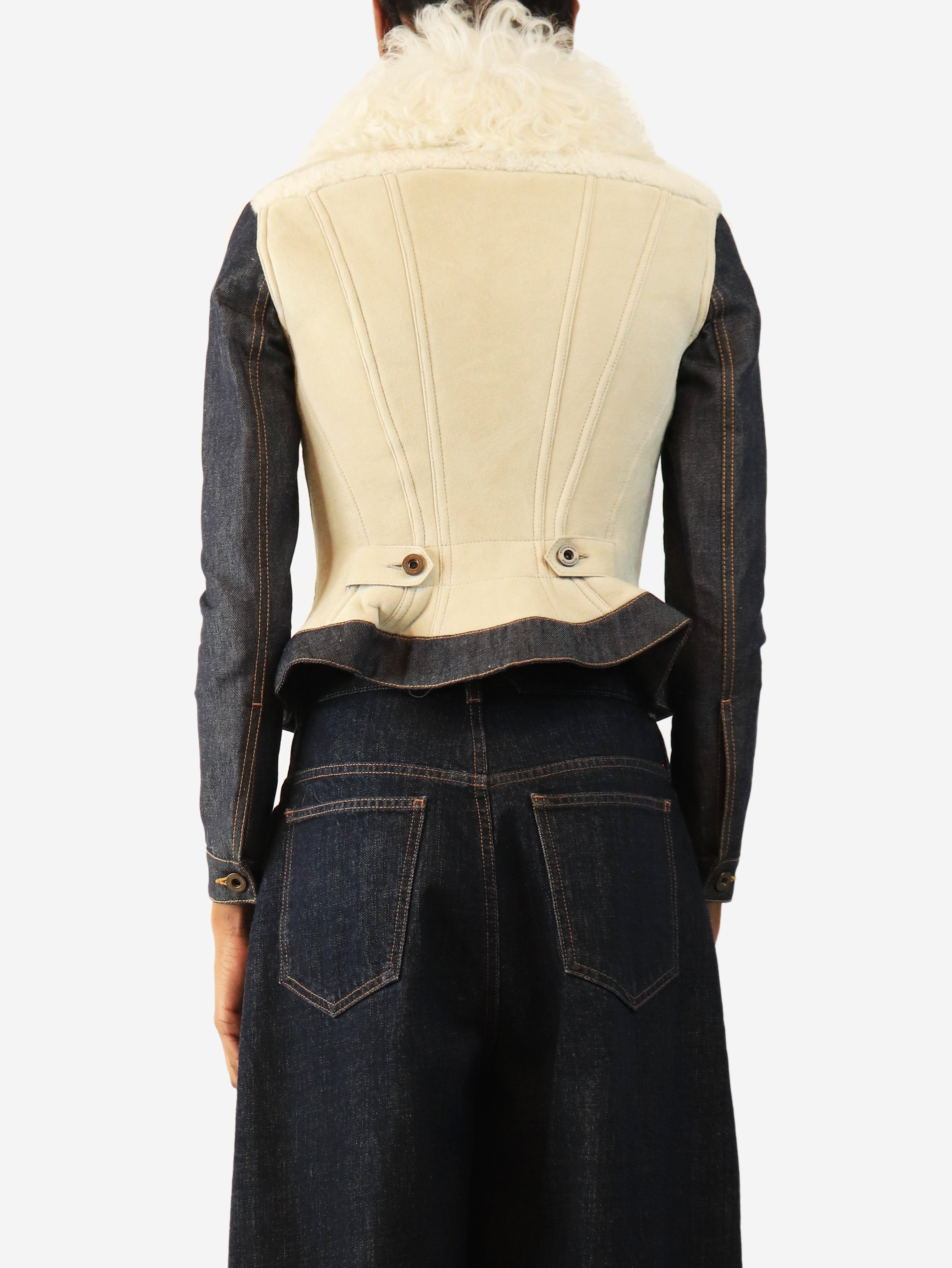 Cream and navy shearling denim coat - size UK 10