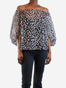 Vika Gazinskaya Dark blue sheer puff-sleeved organza top - size UK 8