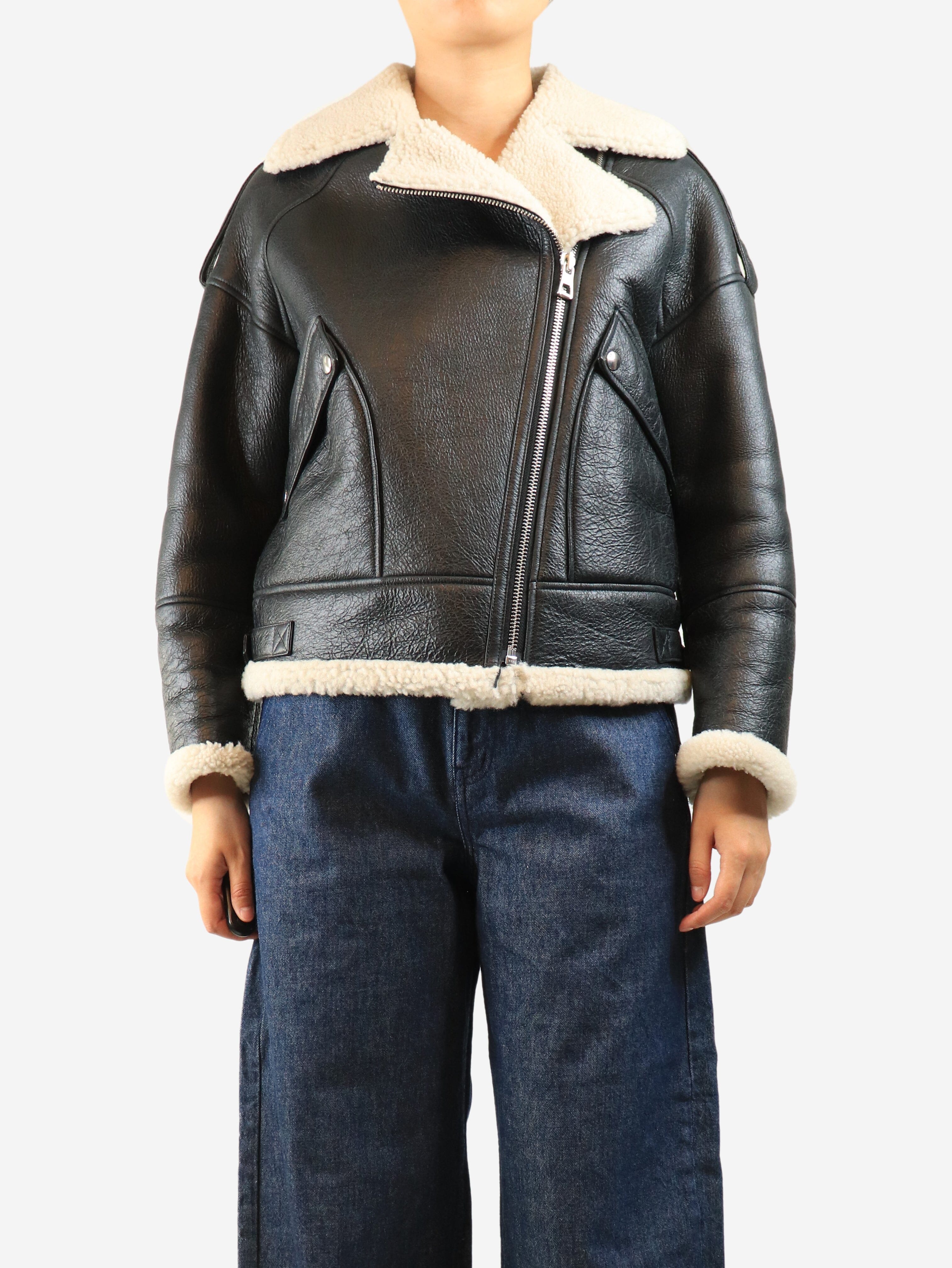 Black shearling biker jacket - size UK 8 Coats & Jackets Yves Salomon 