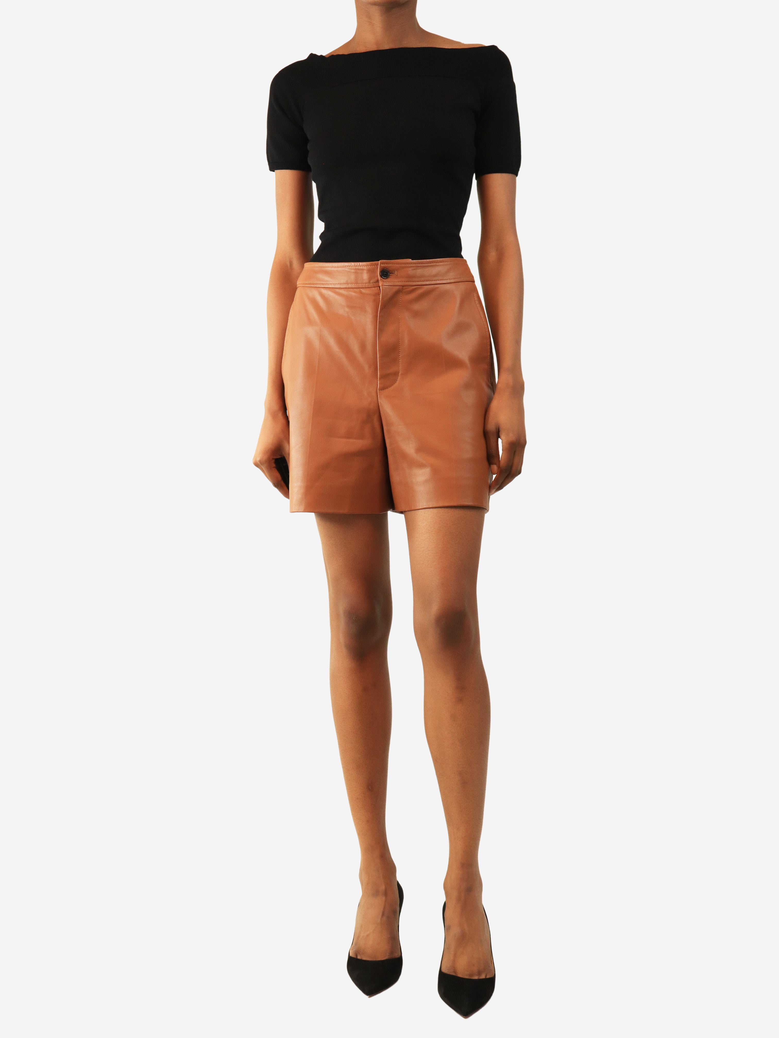 Tan leather shorts - size UK 4