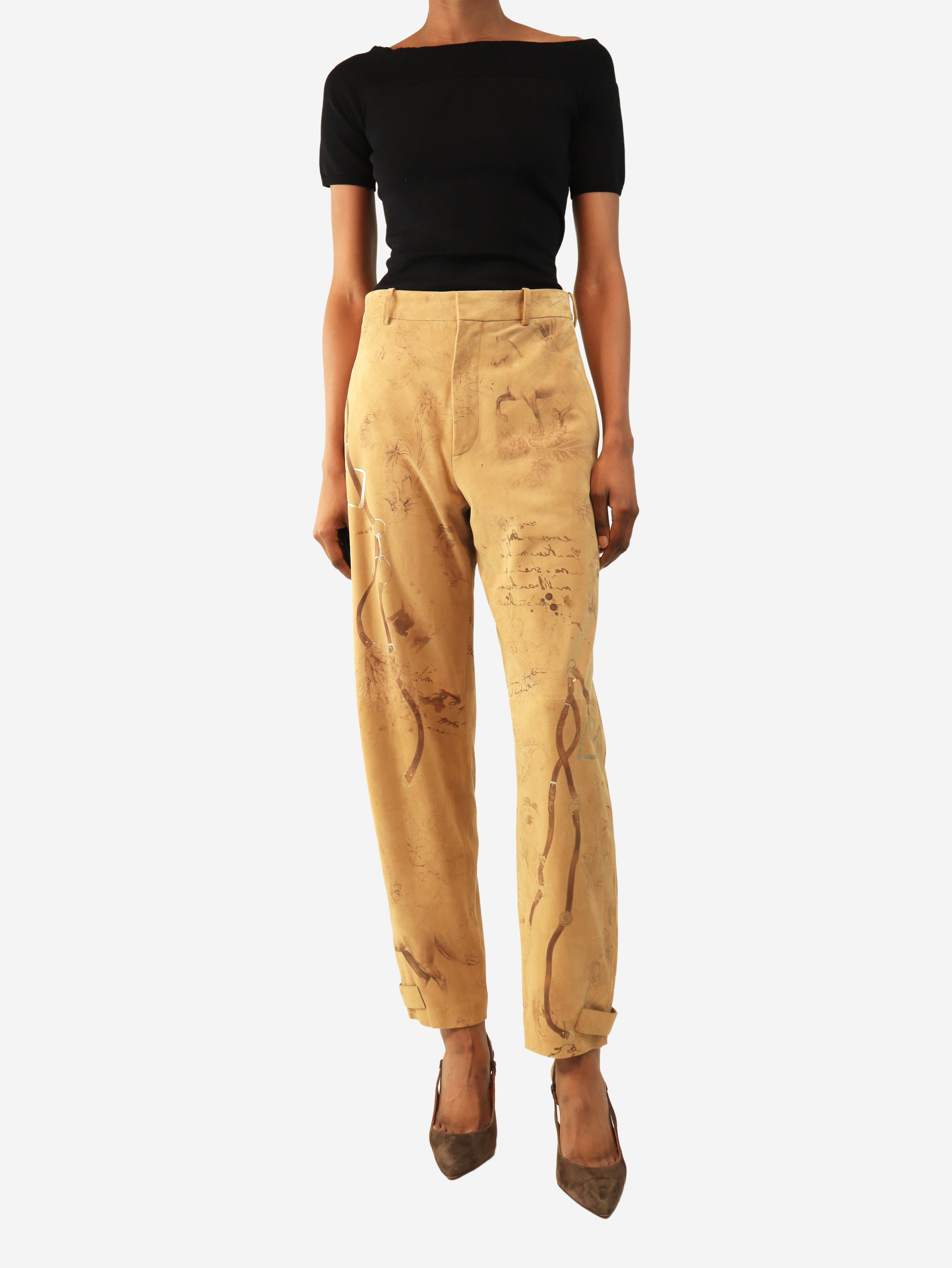 Beige suede equine print trousers - size UK 4