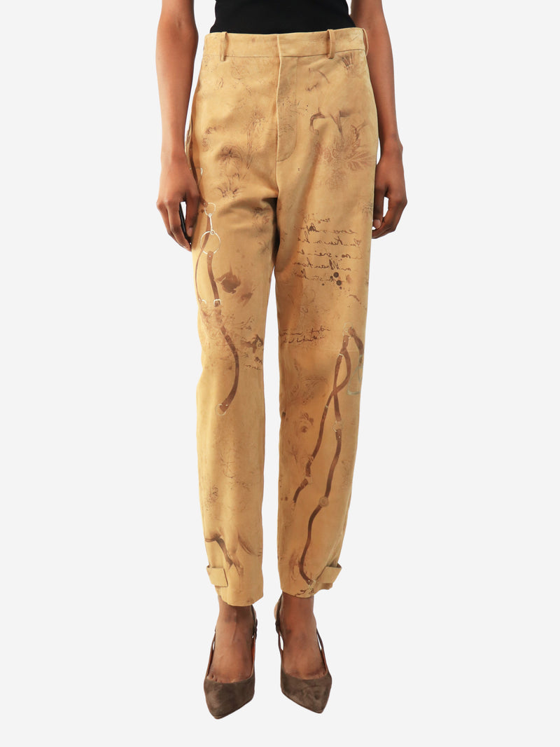 Beige suede equine print trousers - size UK 4