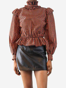 Ganni Red cropped gingham seersucker blouse - size UK 6