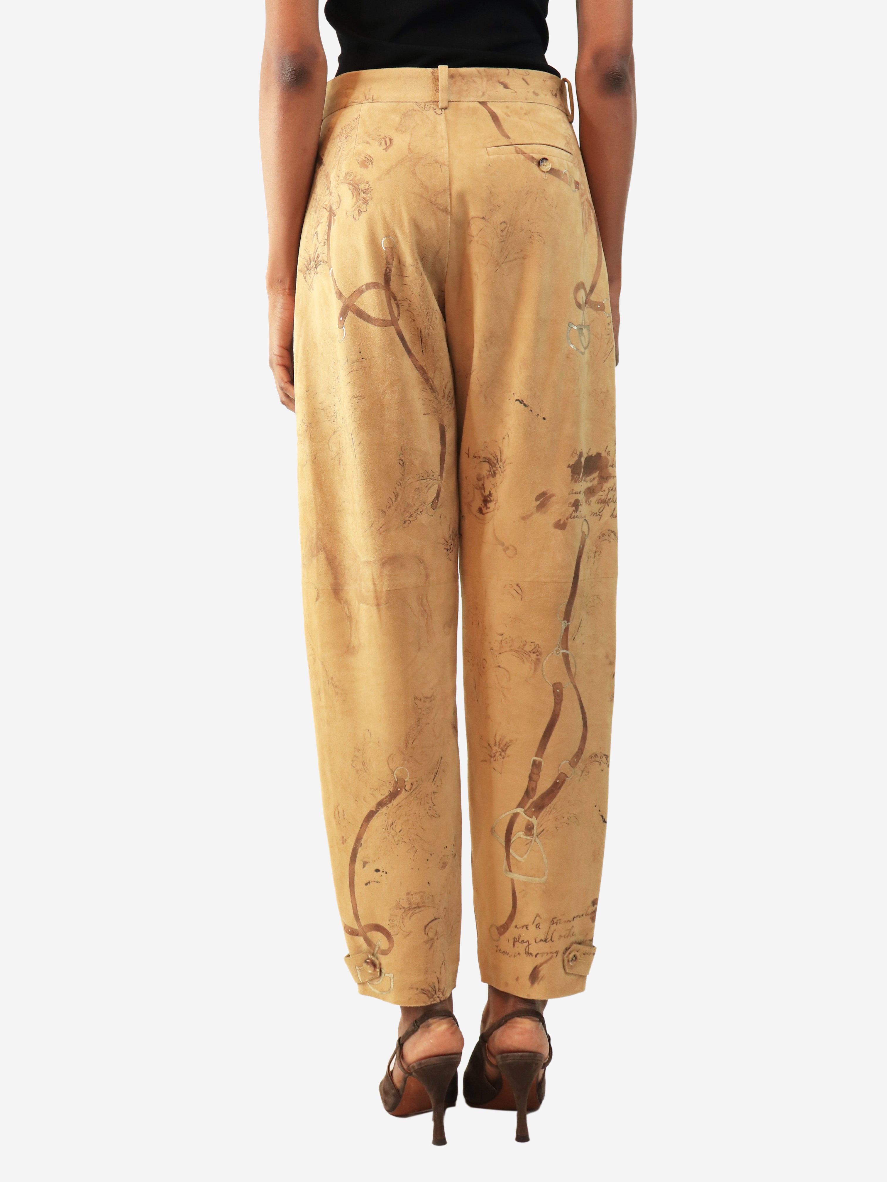 Beige suede equine print trousers - size UK 4