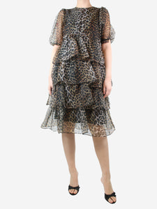 Ganni Animal print leopard print ruffle midi dress - size UK 10