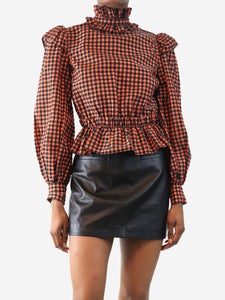 Ganni Red cropped gingham seersucker blouse - size UK 6