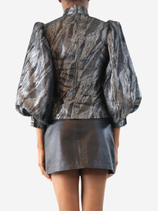 Ganni Silver puff-sleeved metallic blouse - size UK 6